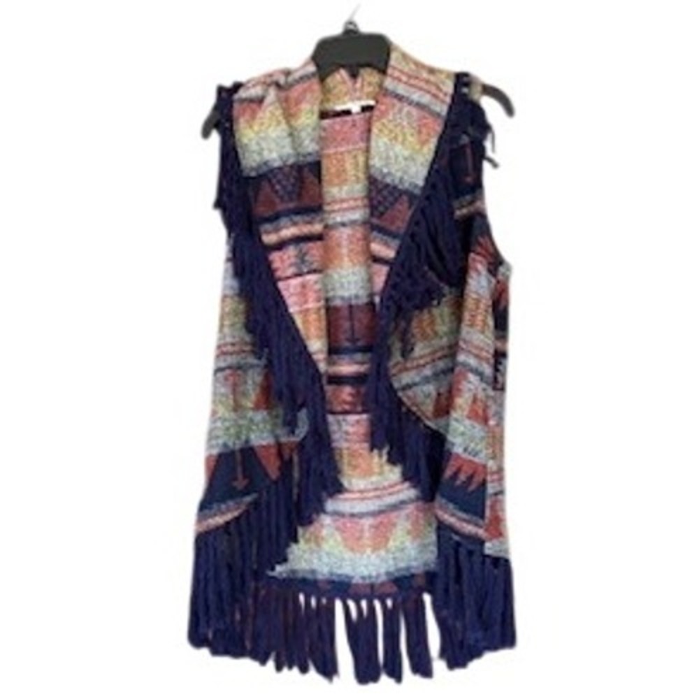 Entro Aztec Print Fringe Vest Western Fringe Boho‎ Southwestern Tribal Small